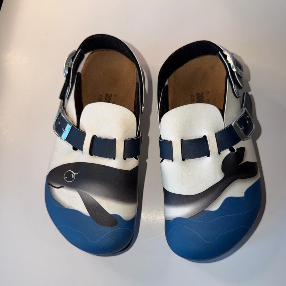 Birkenstock X Child Birki’s Kay Harbor Birko Flor White Whale Mules, size 13